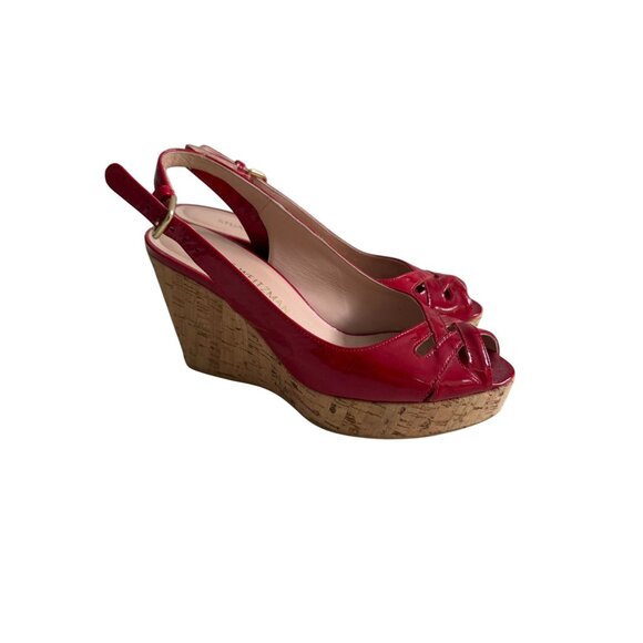 STUART WEITZMAN Red Patent Leather Cork Wedges Sandals Size 7 - Picture 7 of 10